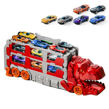 Foldable Dinosaur Truck with Dual Tracks and 6 Small Cars - Red