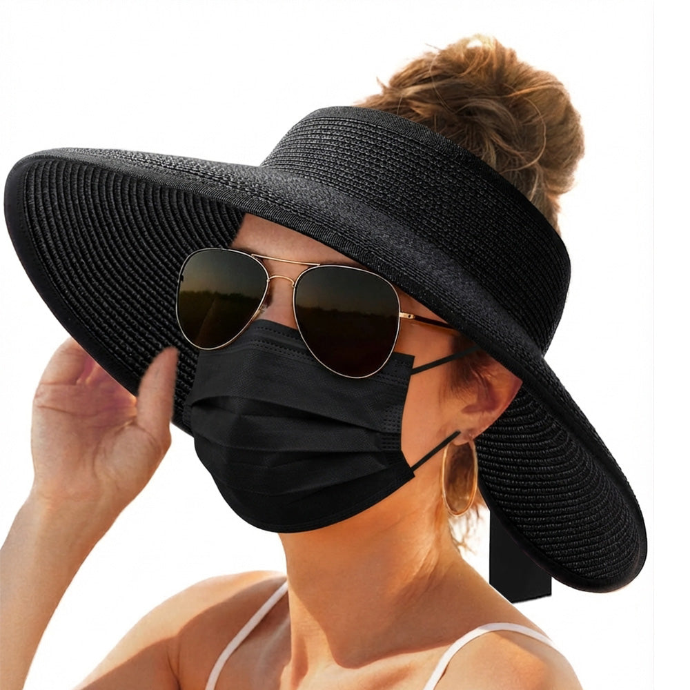Foldable Adjustable Wide Brim Open Top Outdoor Sun Visor Hat - Black