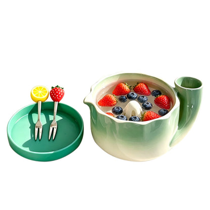 Self-Spinning Ceramic Berry Washing Bowl Set with  2 Fruit Forks - Green