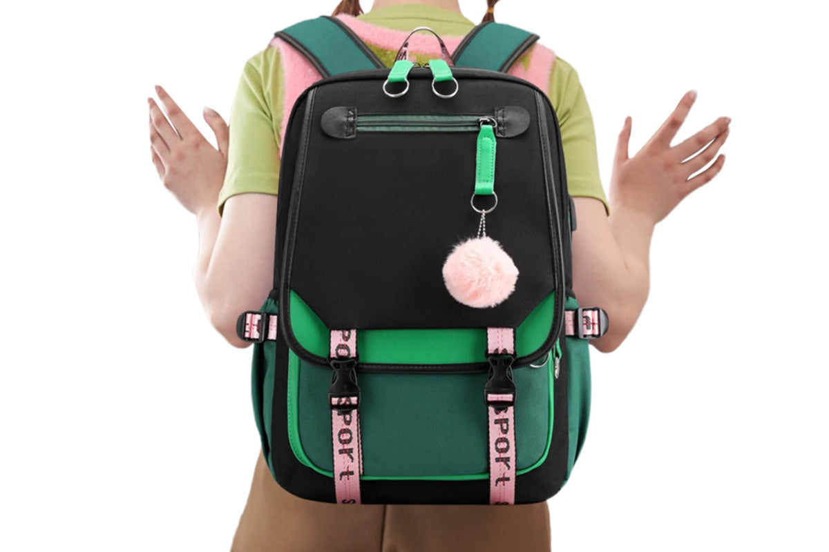 Girls Backpack Middle School Students Bookbag with USB Charge Port-Green