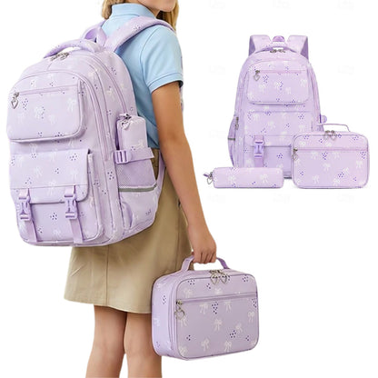 3 Piece Girls School Backpack Set with Lunch Bag Pencil Case - Purple