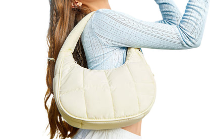 Puffer Crescent Shoulder Bag for Women Quilted Handbag with Adjustable Strap -Beige
