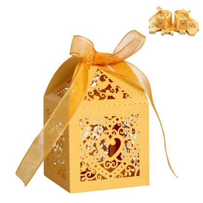 50 Pack Laser Cut Pearl Paper Candy Favor Boxes with Ribbons - Gold