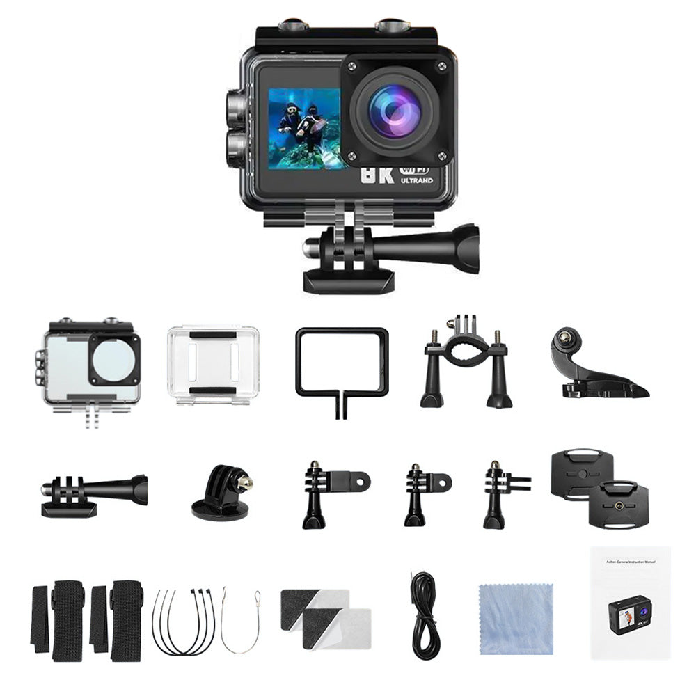 8K 30FPS Action Camera with Waterproof Case Dual Screens and EIS Stabilization