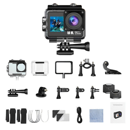 8K 30FPS Action Camera with Waterproof Case Dual Screens and EIS Stabilization