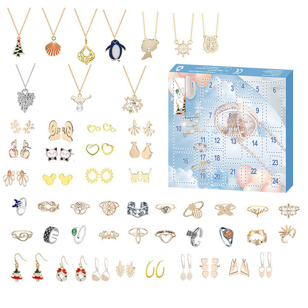 Christmas Jewelry Advent Calendar Set Earrings Rings Necklaces - Blue