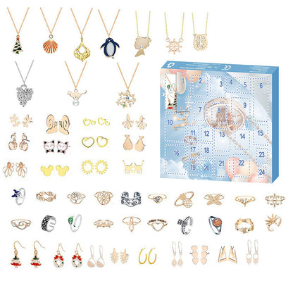 Christmas Jewelry Advent Calendar Set Earrings Rings Necklaces - Blue