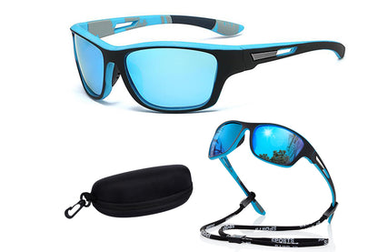 Men Sunglasses Polarized Glasses Fishing Wrap Around Eyewear with Strap and Zippered Case-Blue
