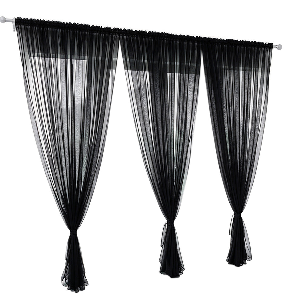 3 Piece Polyester Sheer Rod Pocket Curtains for Window Door  Divider - Black
