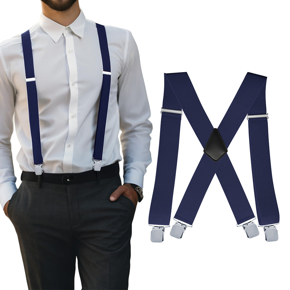 Mens X Back Elastic Suspenders with 4 Metal Clips - Navy