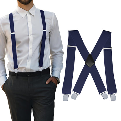Mens X Back Elastic Suspenders with 4 Metal Clips - Navy