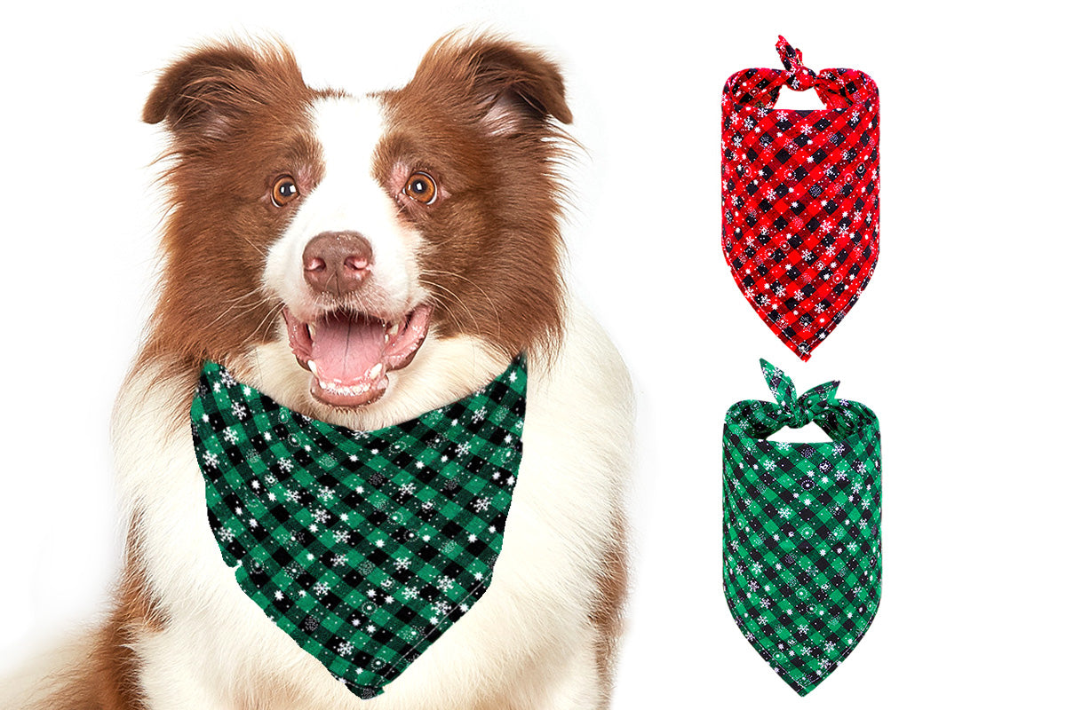 2Pcs Snowflakes Christmas Dog Bandana Buffalo Plaid Pet Scarf Dog Triangle Bandana-Green check snowflake and Red check snowflake