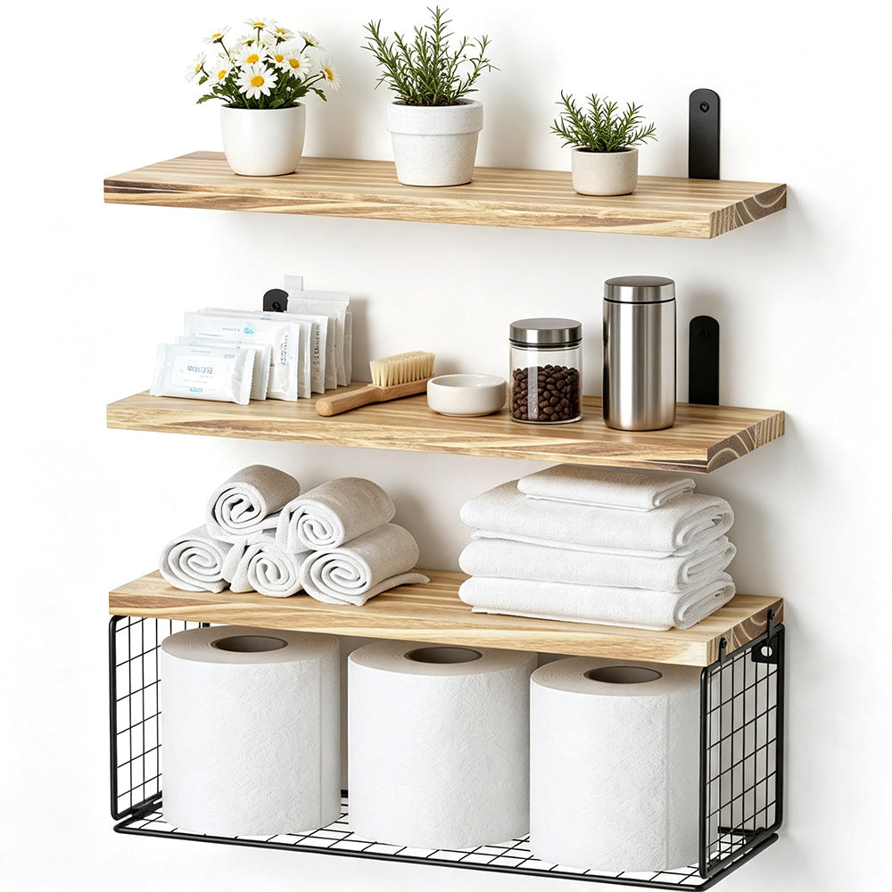 3 Piece Engineered Wood Wall Shelves with Storage Basket - Khaki