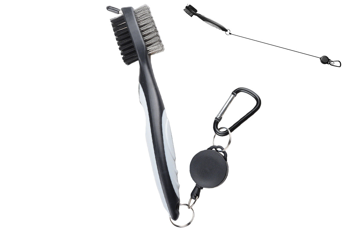 Dual Sided Golf Club Groove Cleaner Brush Tool with Retractable Carabiner -Grey
