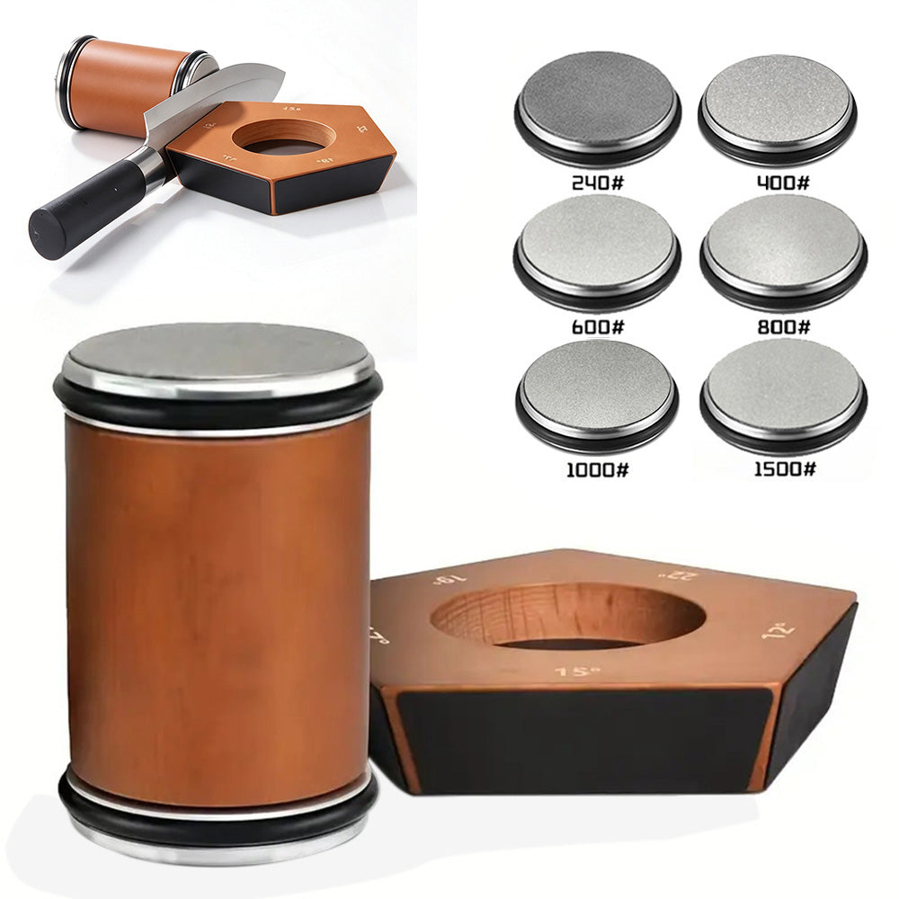 Rolling Knife Sharpener Kit with 6 Diamond Discs and Angle Guide Base - Brown Pentagon