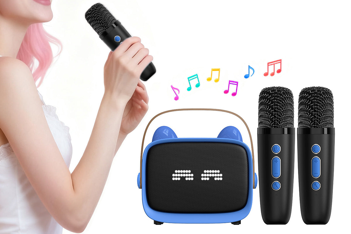 Karaoke Machine Toys Gifts Portable MP3 Player with 2 Wireless Microphone -Blue