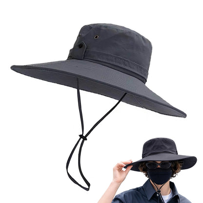 Foldable Wide Brim UV Sun Hat with Wind Strap for Fishing Hiking - Dark Grey