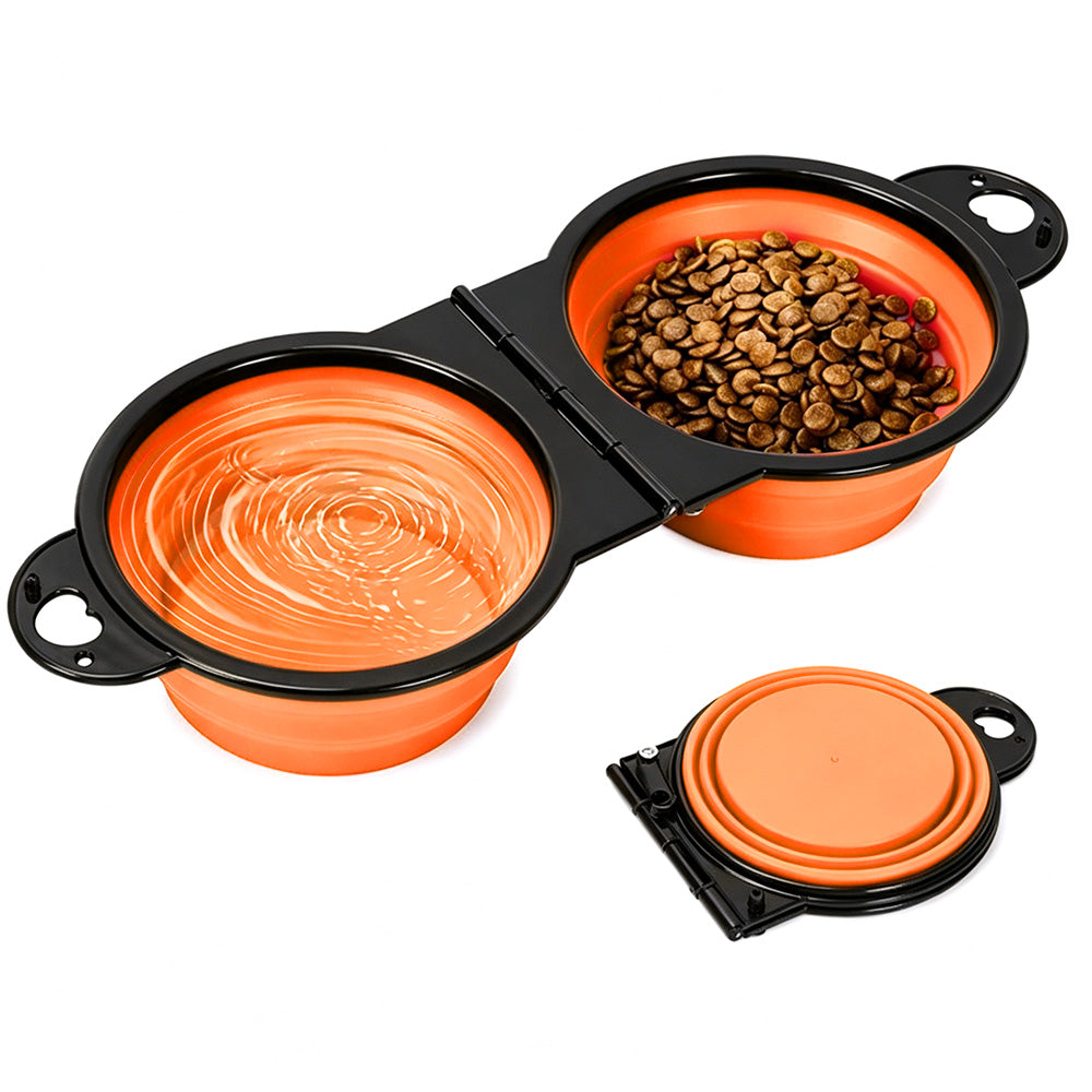 Portable Foldable Dual Pet Bowls for Cats Dogs Outdoor Home Use - Orange