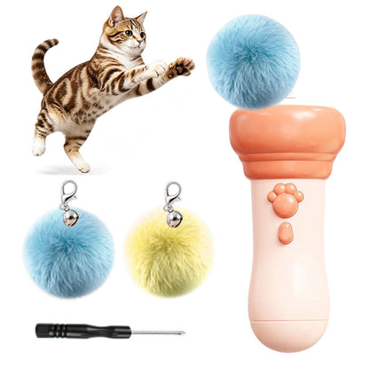 Cat Teaser Launcher with Retractable Cord and 2 Plush Balls - Pink