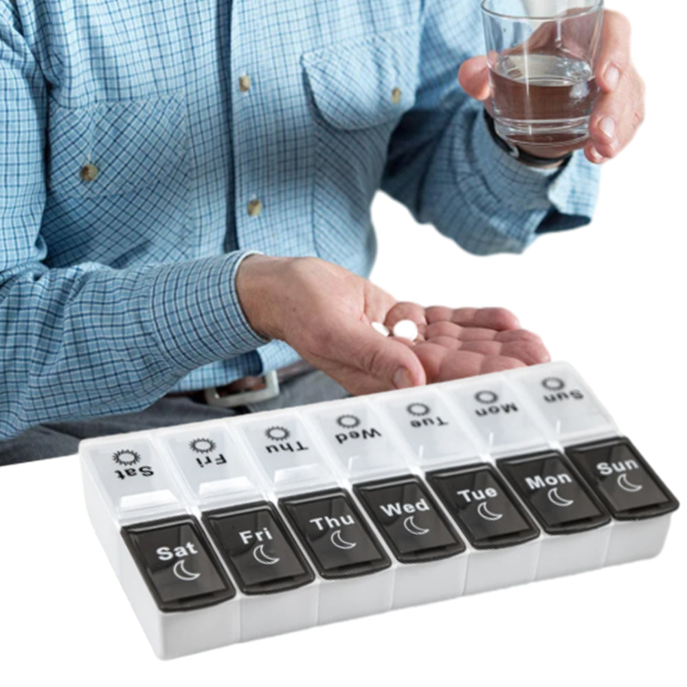 Pill Box Organiser 7-Day Weekly for AM PM Day Night Pill Case with 14 Compartments Black and White