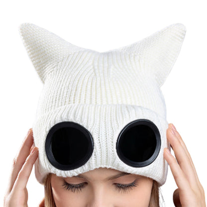 Double Layer Knit Winter Beanie with Goggles - White