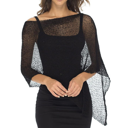 Summer Irregular Sheer Poncho Shawl Beach Cover Up - Black