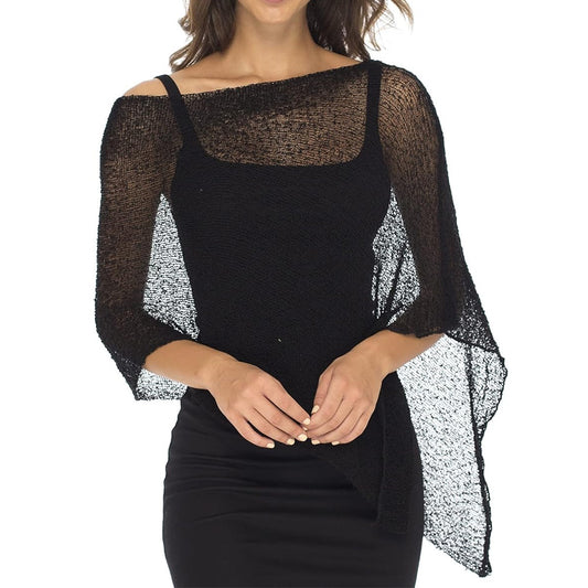 Summer Irregular Sheer Poncho Shawl Beach Cover Up - Black