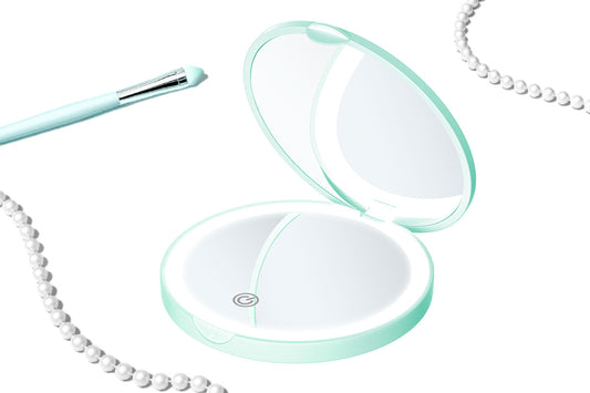 Mini Mirror With Lights Magnification LED Compact Mirror Travel Mirror For Pocket-Green