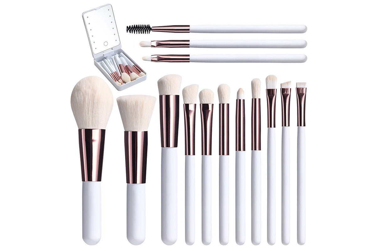 LED Light Makeup Mirror with Brush Set and Travel Case Portable Rechargeable Mirror Box-White