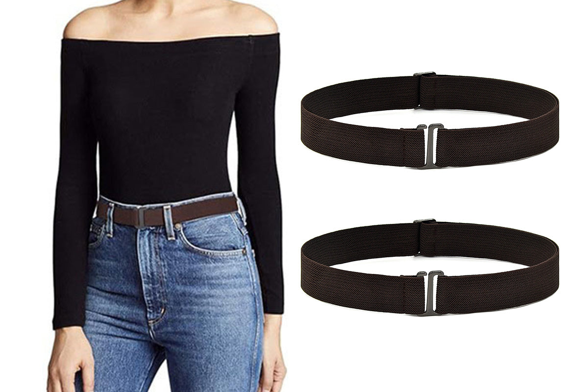 2Pcs Adjustable Stretch Belt Invisible Elastic Waistband for Pants Jeans-Coffee