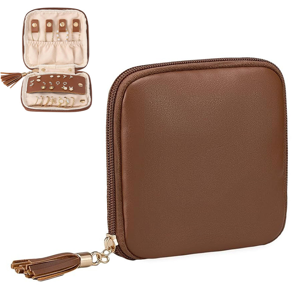 PU Leather Travel Jewelry Organizer Bag with Velvet Lining - Camel