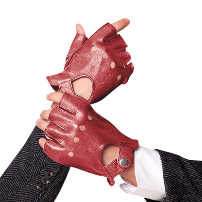 Mens Fingerless Leather Driving Gloves for Motorcycle Riding - Red