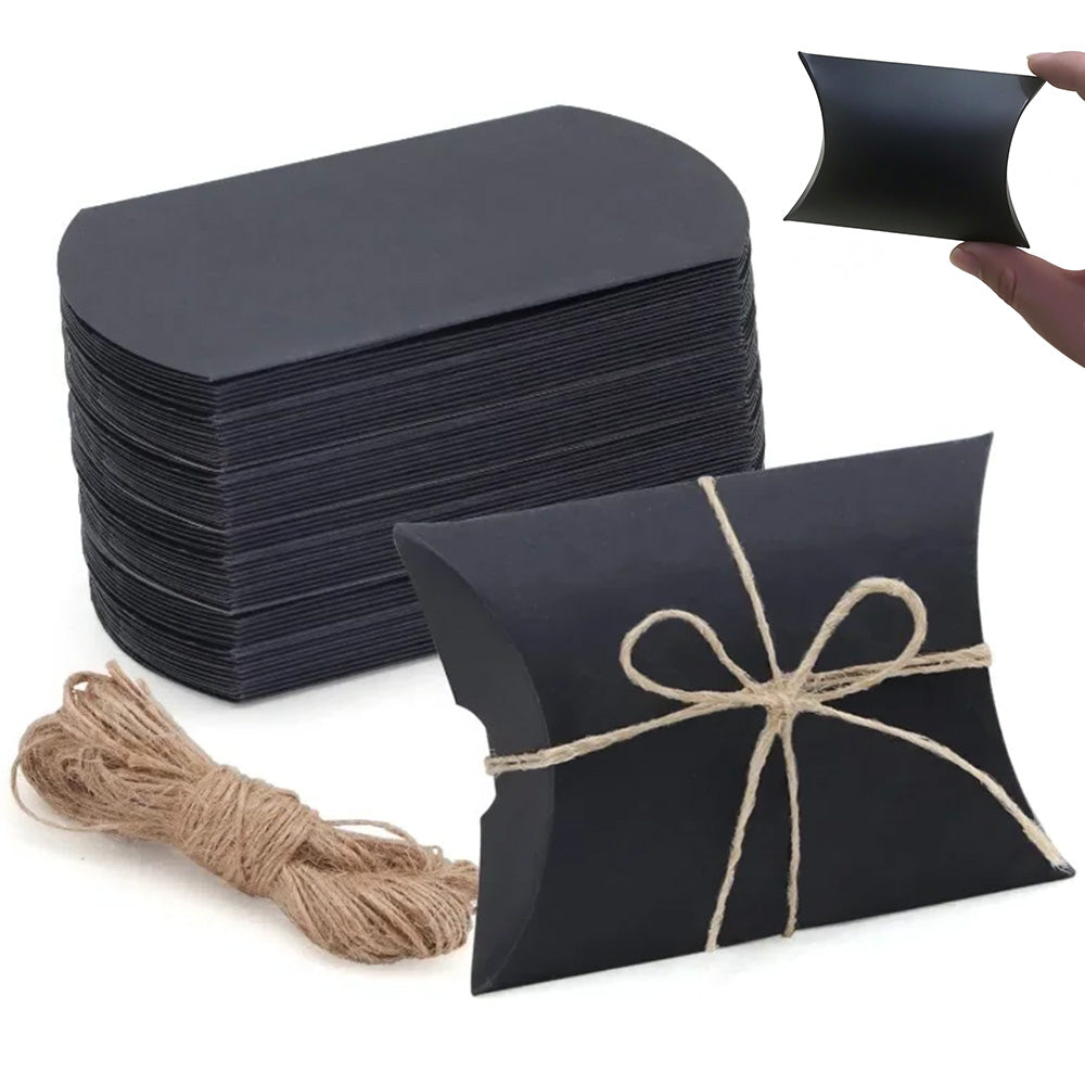 50 Piece Kraft Paper Pillow Gift Boxes with Ribbons - Black