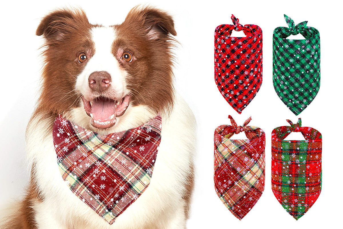 4Pcs Snowflakes Christmas Dog Bandana Buffalo Plaid Pet Scarf Dog Triangle Bandana-Each of Style