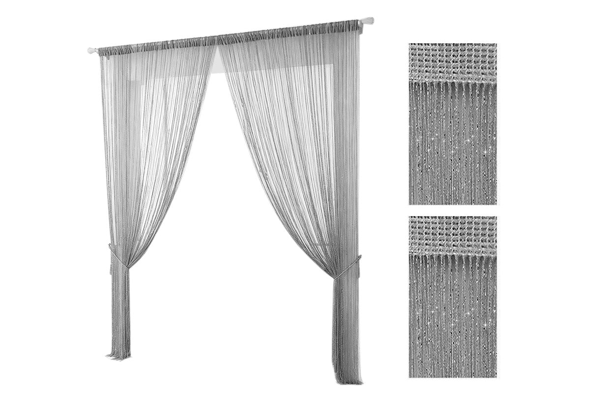2 Pieces Shimmer Tassel String Door and Window Divider Curtain - Silver