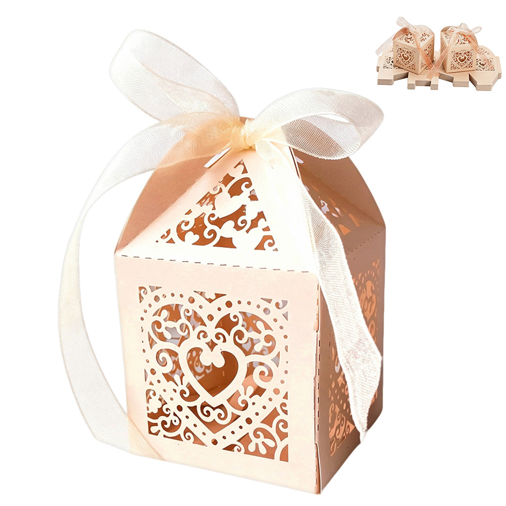 50 Pack Laser Cut Pearl Paper Candy Favor Boxes with Ribbons - Beige