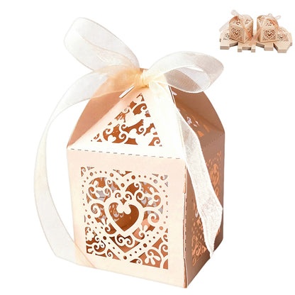 50 Pack Laser Cut Pearl Paper Candy Favor Boxes with Ribbons - Beige