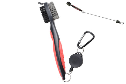 Dual Sided Golf Club Groove Cleaner Brush Tool with Retractable Carabiner -Red