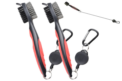 2Pcs Dual Sided Golf Club Groove Brush Tool with Retractable Carabiner -Red