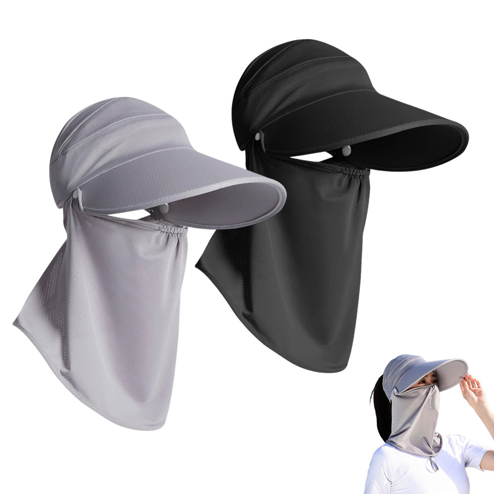 2 Pack Wide Brim Sun Shade Hat with Ponytail Hole Detachable Breathable Face Cover Neck Flap Grey Black