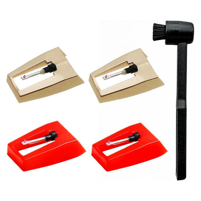 5 Piece Turntable Replacement Stylus Set Red Gold Needles and Cleaning Brush