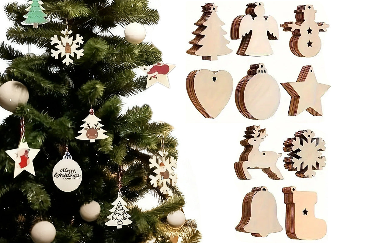 100Pcs Wooden Christmas Tree Decorations Assorted Blank Shapes for Painting