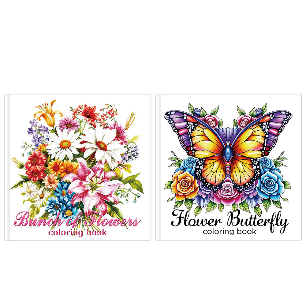 2 Adult Coloring Books with 24 Floral and 24 Butterfly Designs