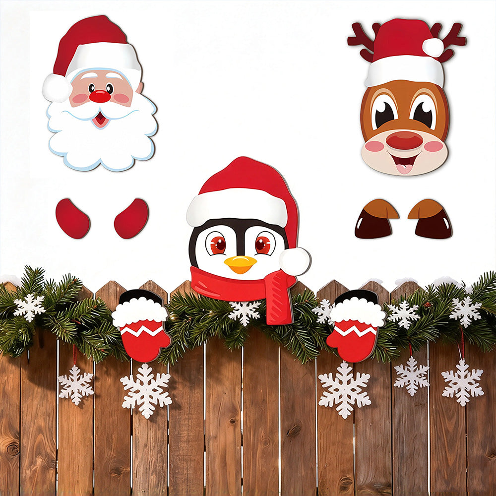 3 Pack Christmas Fence Peeker Santa Reindeer Penguin Yard Decor