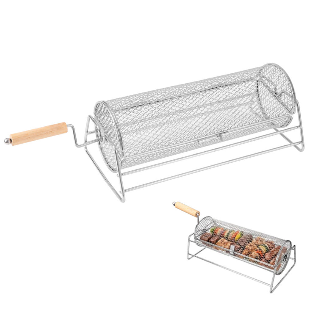 Rotating Stainless Steel BBQ Grill Basket with Stand and Handle