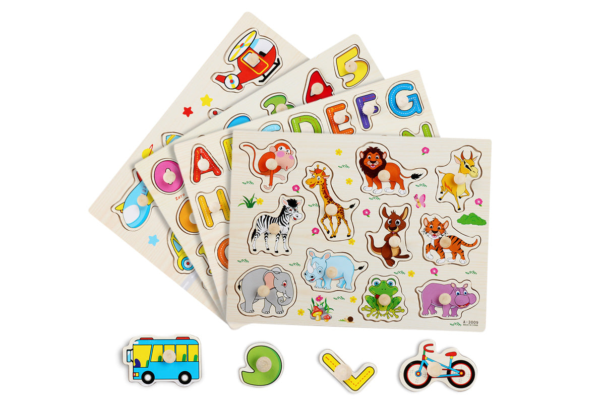 4 Sets Wooden Peg Puzzle for Girls Boys with Alphabet Animal Dinosaur Vehicle