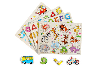 4 Sets Wooden Peg Puzzle for Girls Boys with Alphabet Animal Dinosaur Vehicle