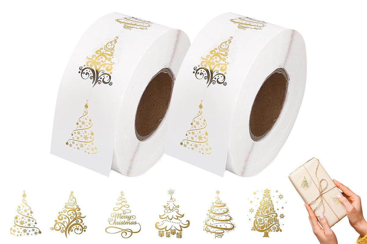 2 Rolls 1000 Gold Foil Clear Round Christmas Stickers