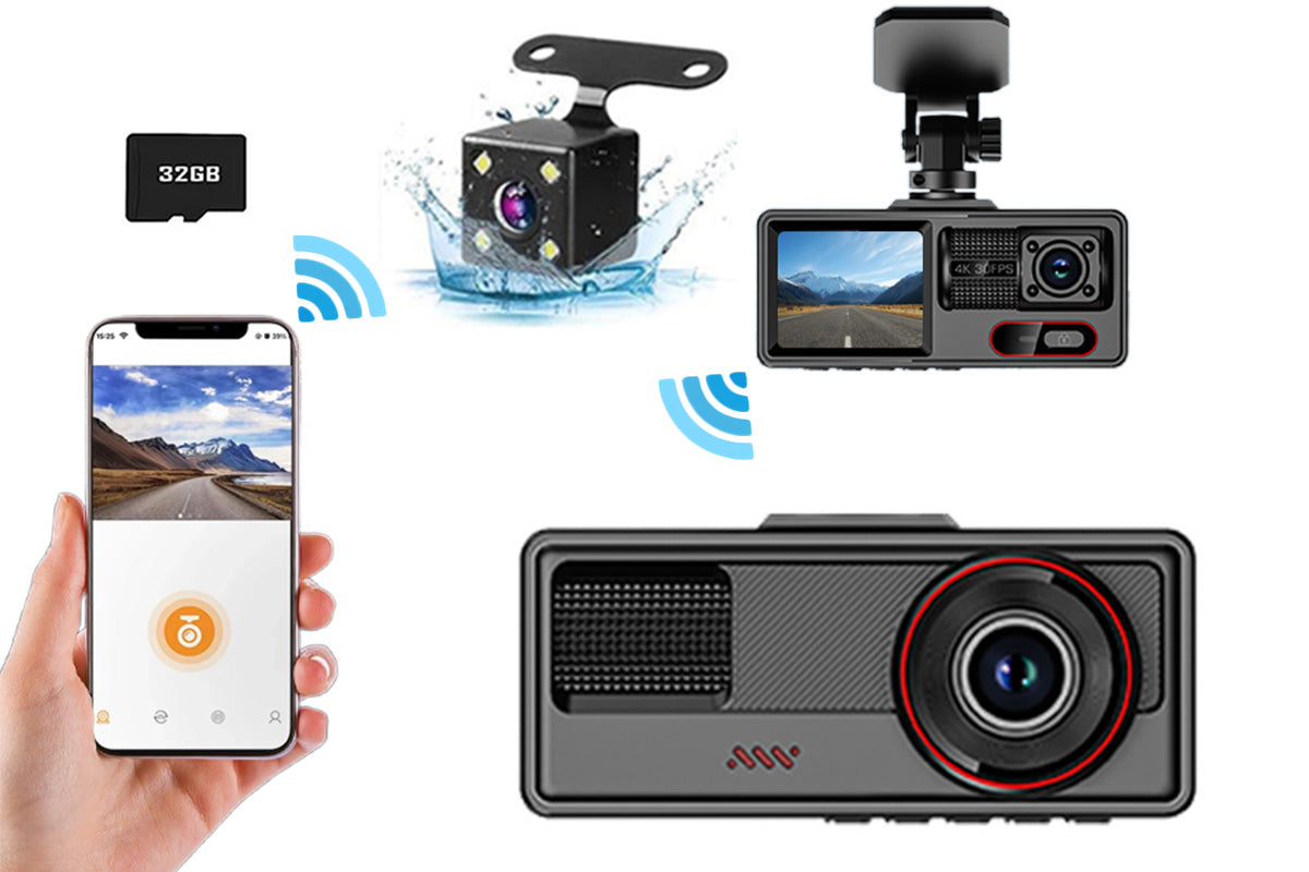 3 Channel Dash Cam Front And Rear With 32GB Card Built In WiFi Reversing Camera