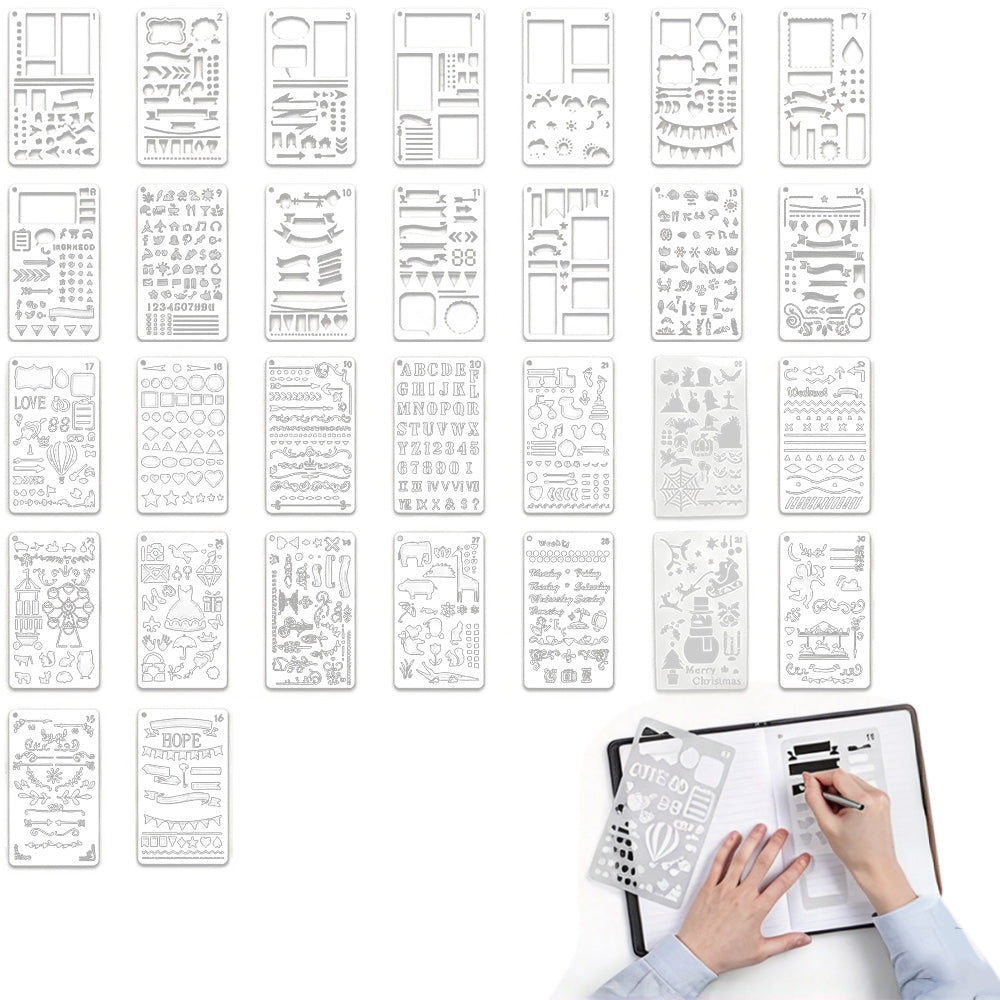 30 Piece A6 PET Reusable Drawing Journal Painting Craft Stencils